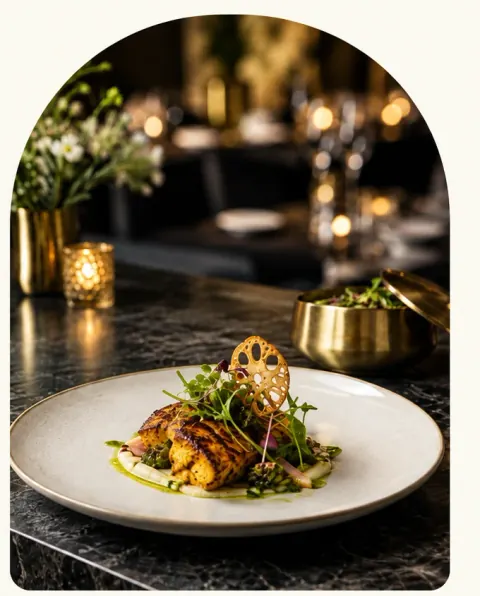 An elegantly plated dish at a candlelit table