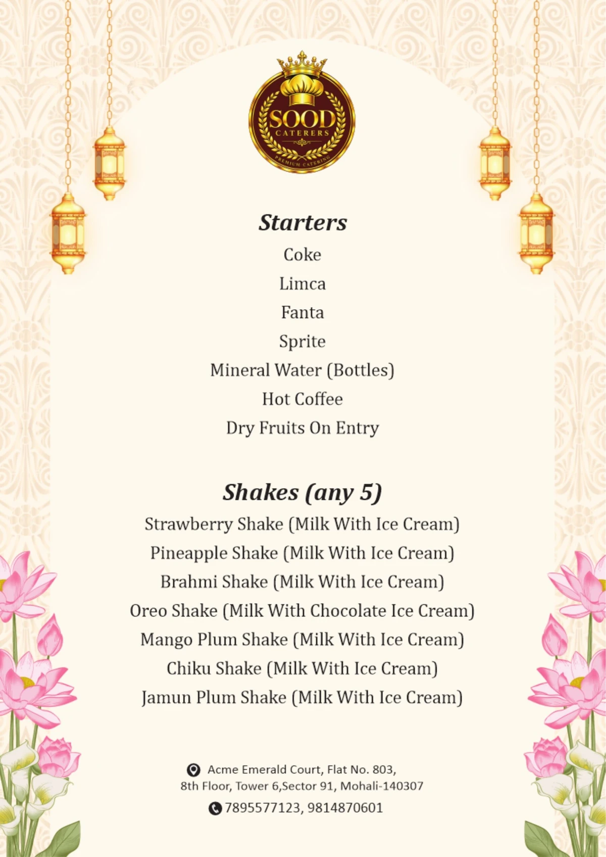Sood Caterers menu page 02: Welcome drinks & shakes