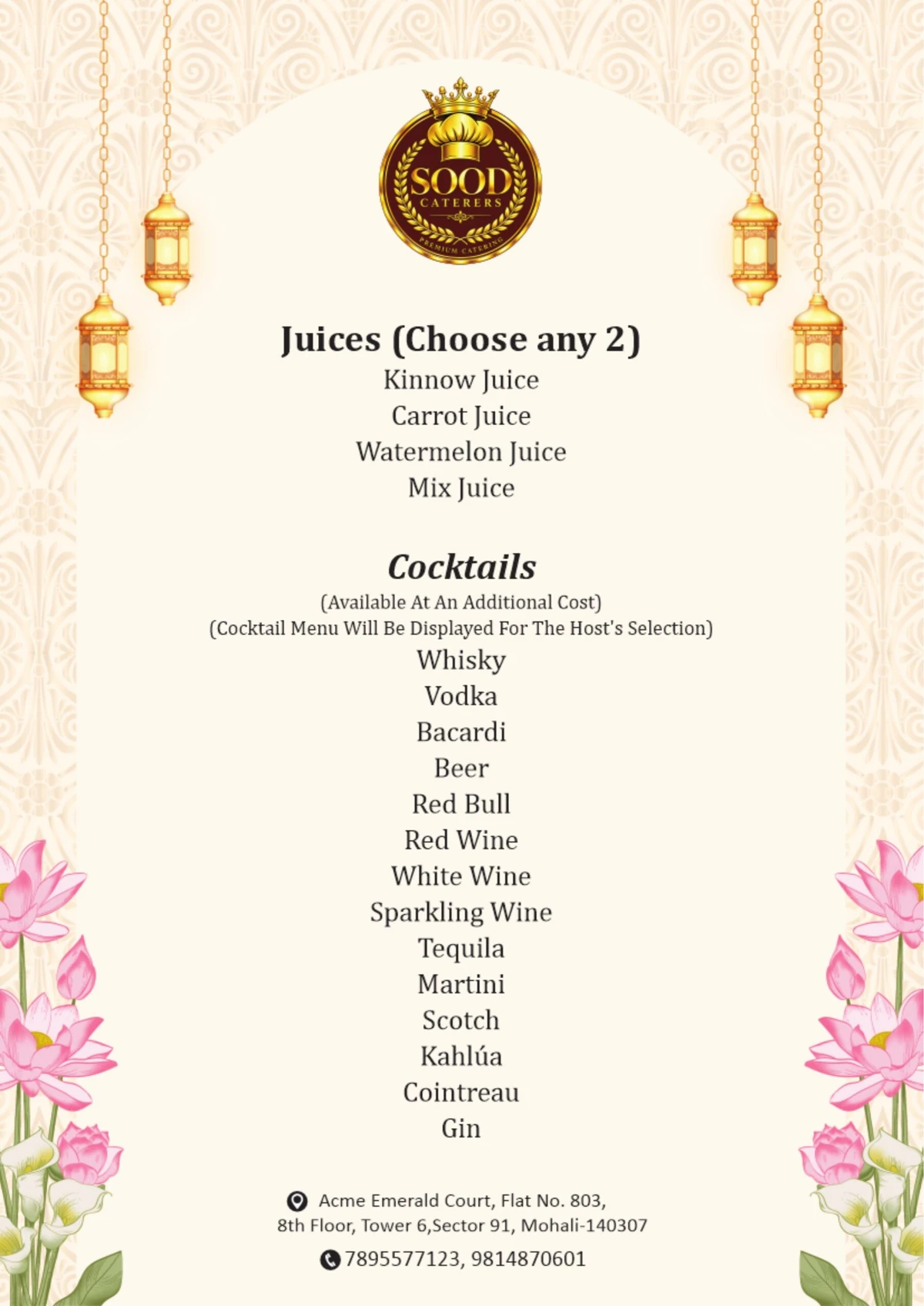 Sood Caterers menu page 03: Juices & cocktails