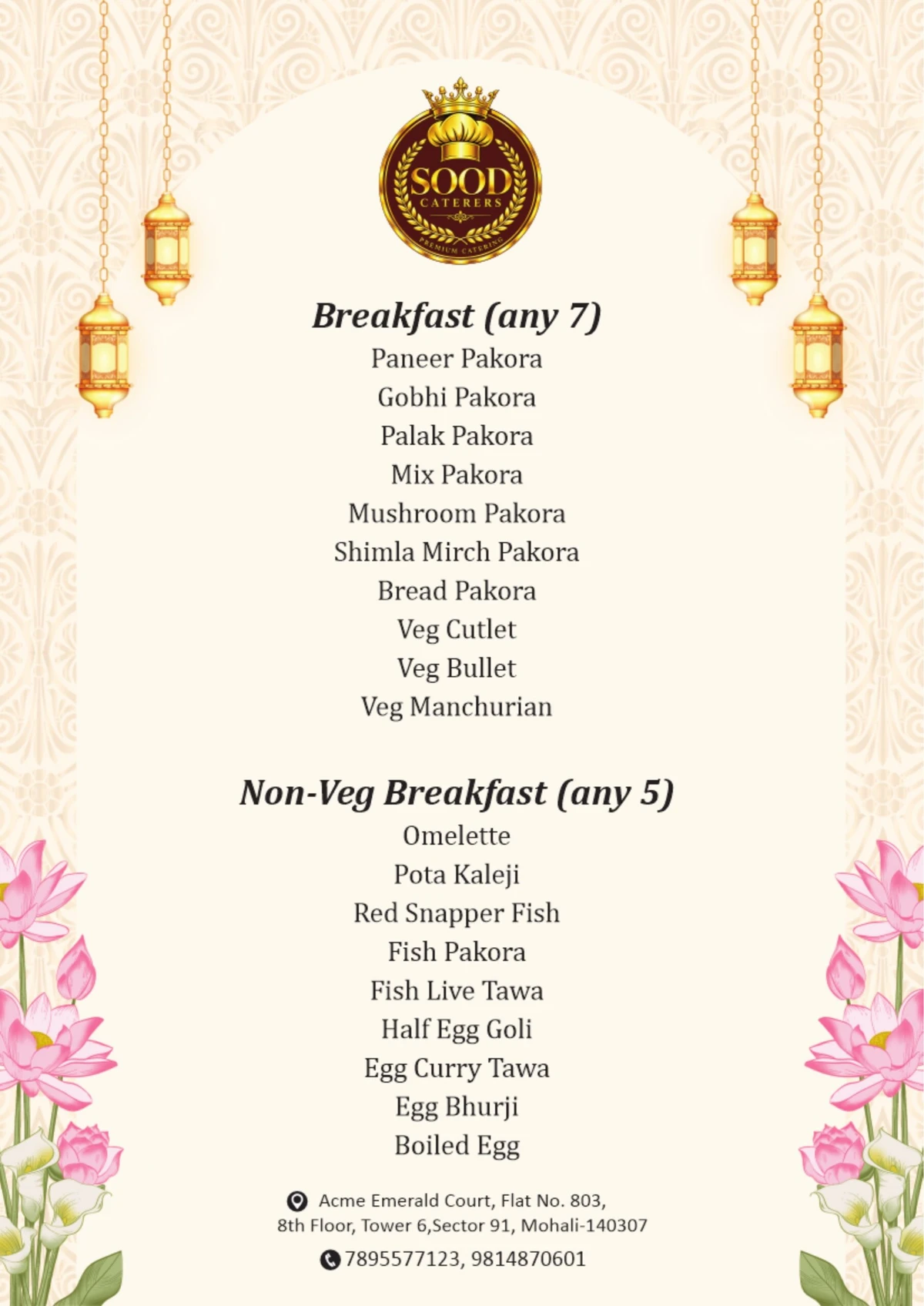 Sood Caterers menu page 06: Breakfast selections