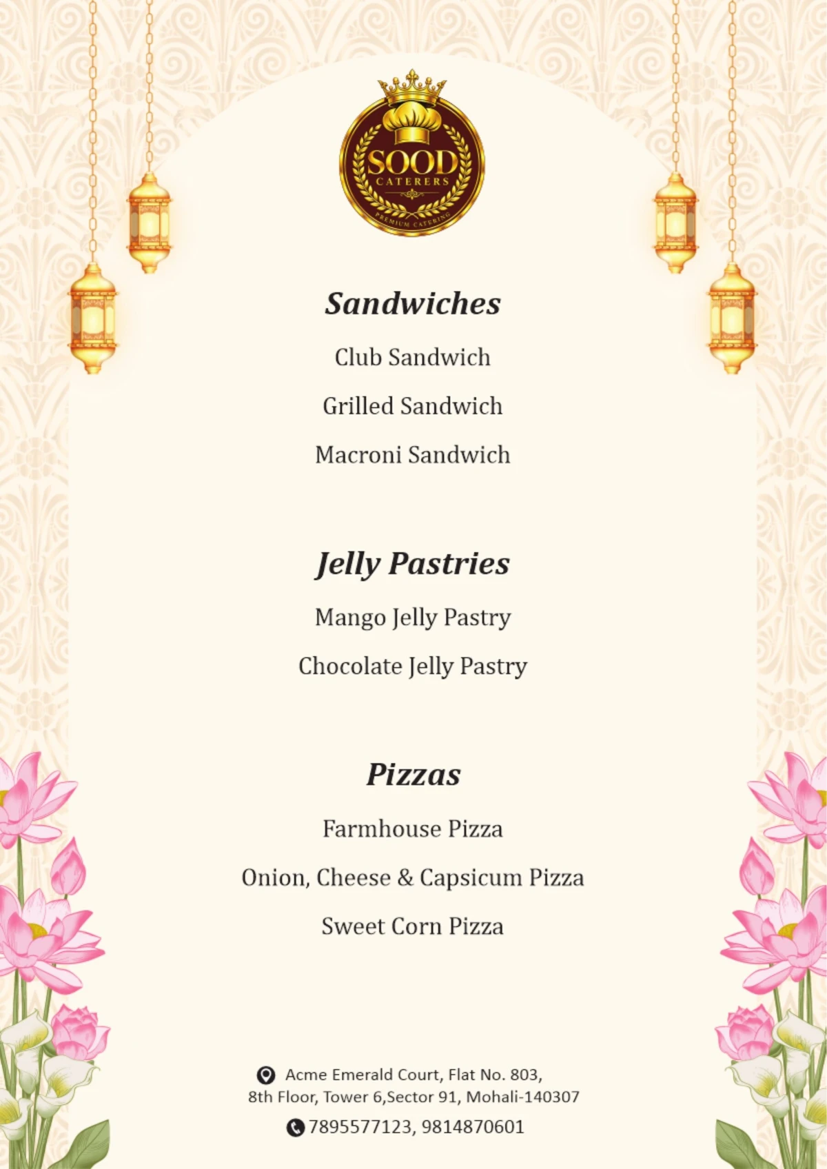 Sood Caterers menu page 09: Sandwiches, pastries & pizzas