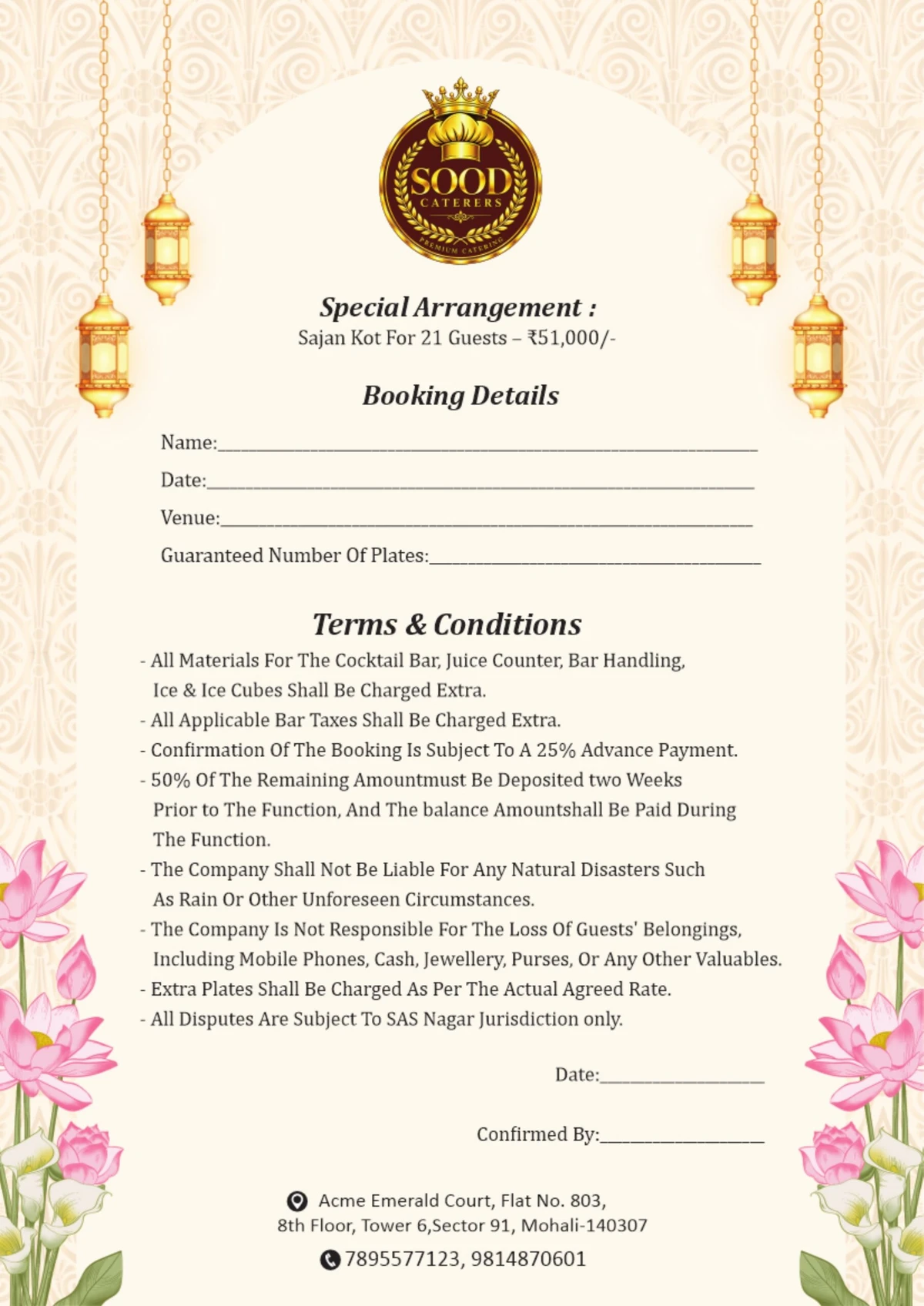 Sood Caterers menu page 22: Booking details